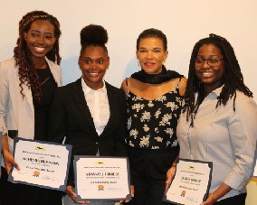Jamaica’s Ambassador to the United States of America, Her Excellency Audrey Marks with recipients of the 2019 Jamaica Nationals Association (JNA) College Student Scholarship Awards Temera Duncan, Kemesha Robinson, Shannell Hibbert, Justine Brahman, and Ashley Medley