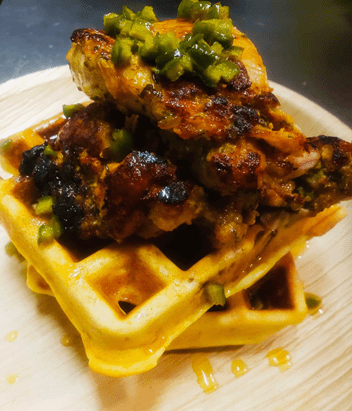 Palntain and corn waffles and drunken chicken, featuring English Harbour Rum by TAASC Culinary Ambassador Claude Lewis Antigua and Barduda