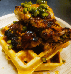 Plantain and corn waffles and drunken chicken, featuring English Harbour Rum by TASC Culinary Ambassador Claude Lewis - Antigua and Barbuda