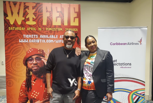 Norma Williams Caribbean Airlines’ Cabin Crew Instructor, In-Flight Training, Jamaica with Machel Montano, the “King of Soca”, at the Wi Fete launch