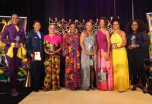 Jamaican Women: Dr. Terri-Karelle Johnson, Marlene Ford, Fae Ellington, x, Vice Admiral Antonette Wemyss-Gorman, Aisha Rainford, Immediate Past President of JWOF, Shani McGraham-Shirley, Etana