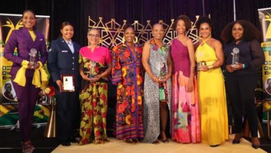 Jamaican Women: Dr. Terri-Karelle Johnson, Marlene Ford, Fae Ellington, x, Vice Admiral Antonette Wemyss-Gorman, Aisha Rainford, Immediate Past President of JWOF, Shani McGraham-Shirley, Etana